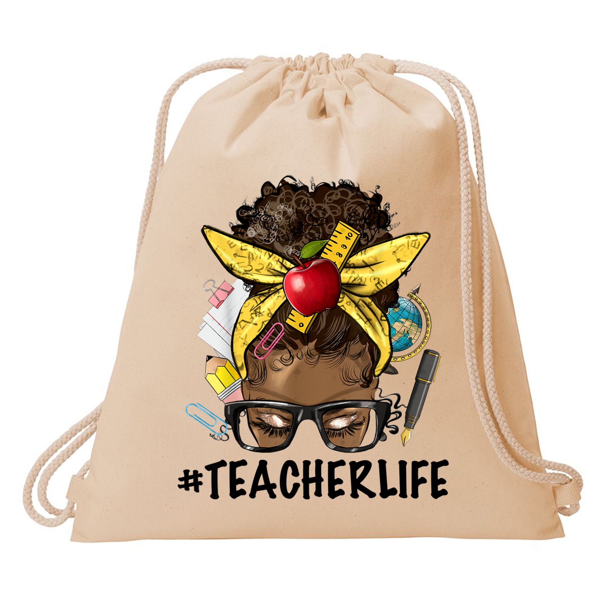 Teacher Life Messy Bun Afro Teacher African American Educate Drawstring Bag