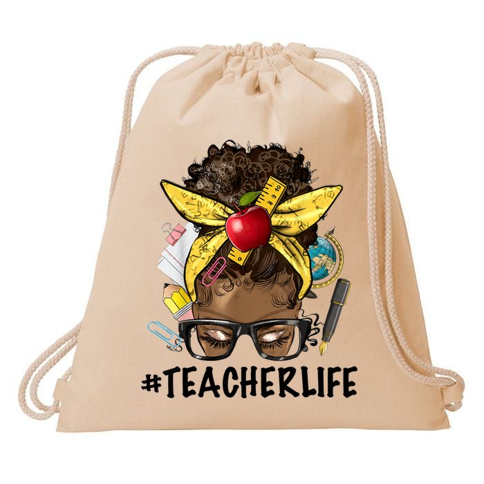Teacher Life Messy Bun Afro Teacher African American Educate Drawstring Bag