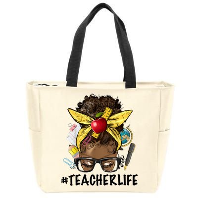 Teacher Life Messy Bun Afro Teacher African American Educate Zip Tote Bag
