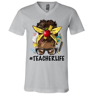 Teacher Life Messy Bun Afro Teacher African American Educate V-Neck T-Shirt