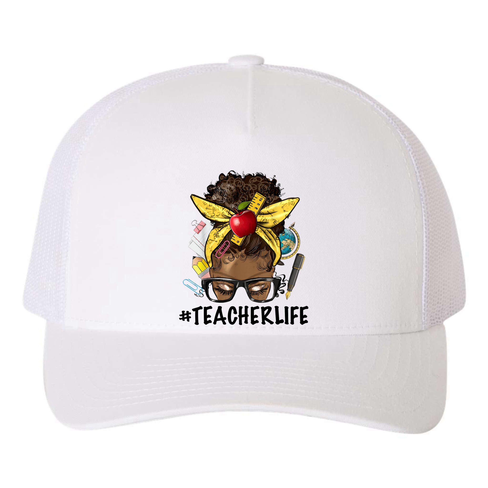 Teacher Life Messy Bun Afro Teacher African American Educate Yupoong Adult 5-Panel Trucker Hat