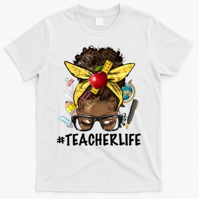 Teacher Life Messy Bun Afro Teacher African American Educate T-Shirt