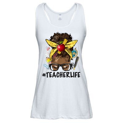 Teacher Life Messy Bun Afro Teacher African American Educate Ladies Essential Flowy Tank