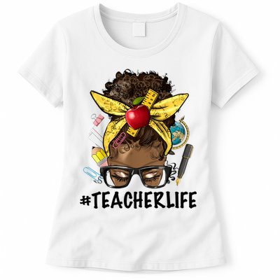 Teacher Life Messy Bun Afro Teacher African American Educate Womens T-Shirt