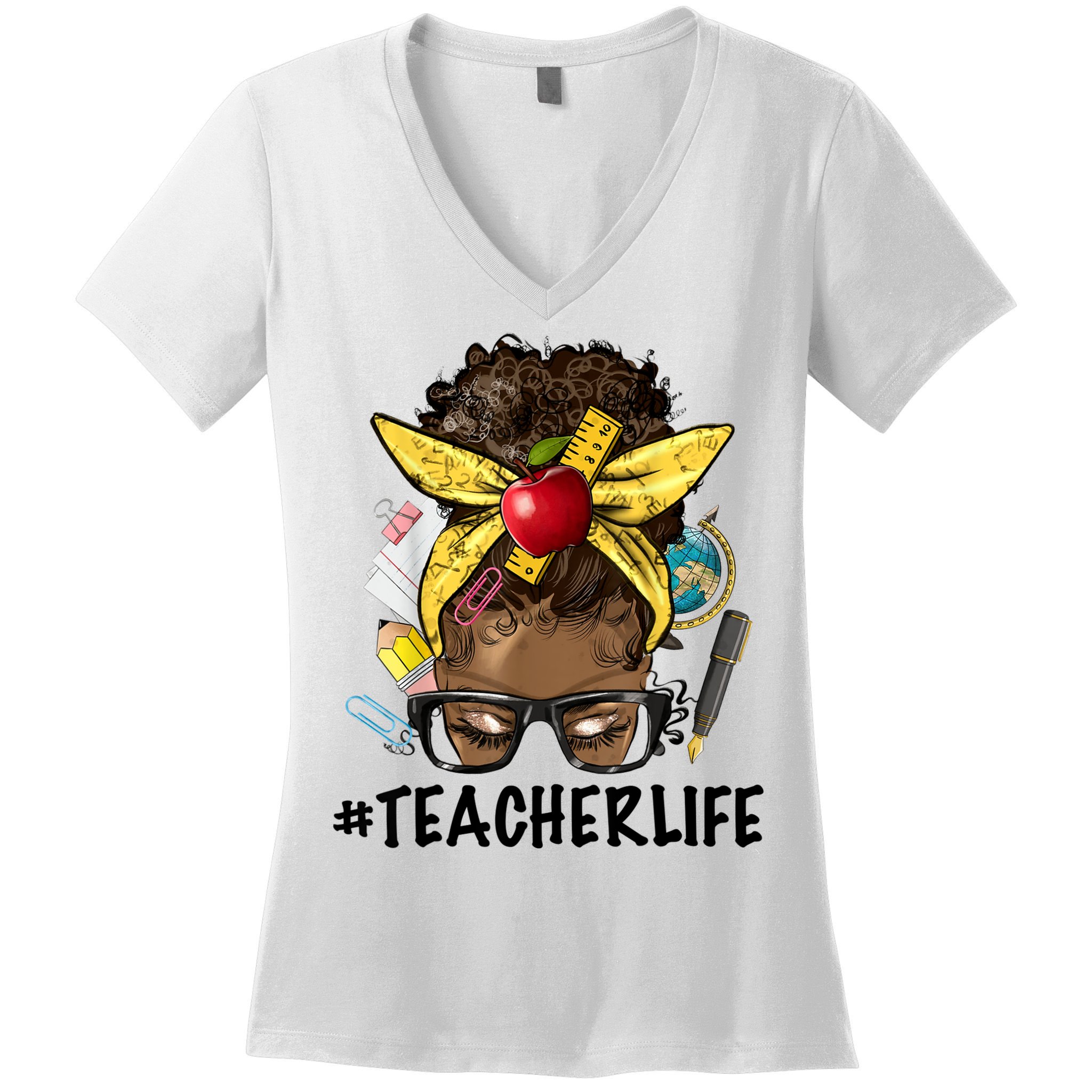 Teacher Life Messy Bun Afro Teacher African American Educate Women's V-Neck T-Shirt