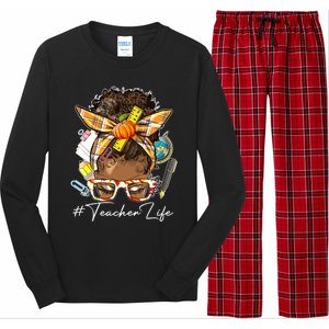 Teacher Life Messy Bun Afro Teacher American Thanksgiving Long Sleeve Pajama Set