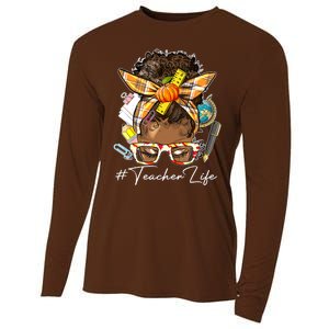 Teacher Life Messy Bun Afro Teacher American Thanksgiving Cooling Performance Long Sleeve Crew