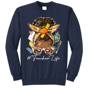 Teacher Life Messy Bun Afro Teacher American Thanksgiving Sweatshirt