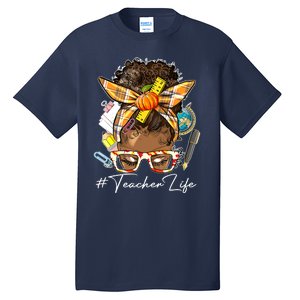 Teacher Life Messy Bun Afro Teacher American Thanksgiving Tall T-Shirt