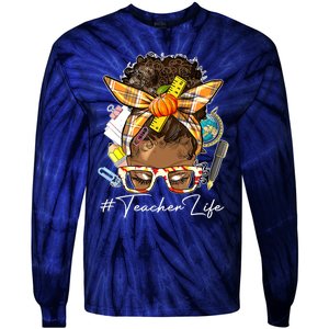 Teacher Life Messy Bun Afro Teacher American Thanksgiving Tie-Dye Long Sleeve Shirt