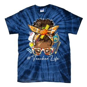 Teacher Life Messy Bun Afro Teacher American Thanksgiving Tie-Dye T-Shirt