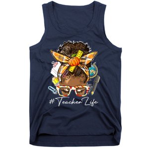 Teacher Life Messy Bun Afro Teacher American Thanksgiving Tank Top