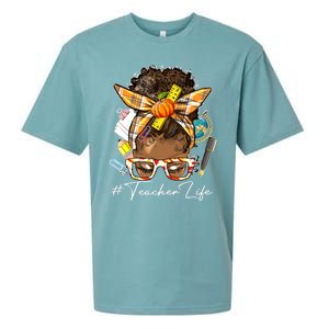 Teacher Life Messy Bun Afro Teacher American Thanksgiving Sueded Cloud Jersey T-Shirt