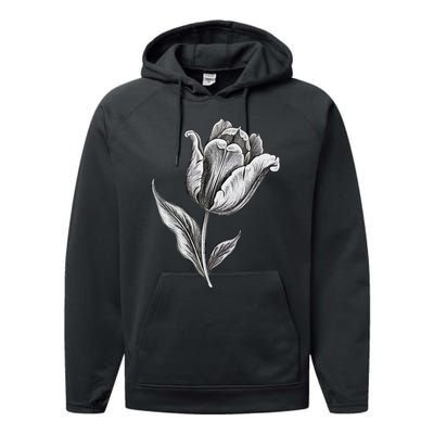 Tulips Lover On Black And White Tulip Flower Performance Fleece Hoodie