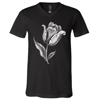 Tulips Lover On Black And White Tulip Flower V-Neck T-Shirt