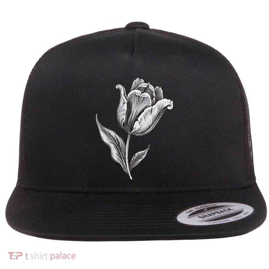 Tulips Lover On Black And White Tulip Flower Flat Bill Trucker Hat