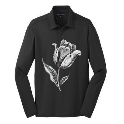 Tulips Lover On Black And White Tulip Flower Silk Touch Performance Long Sleeve Polo