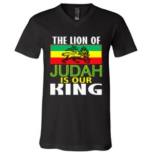 The Lion Of Judah Is Our King Jamaican Jamaican Flag V-Neck T-Shirt