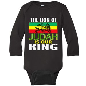 The Lion Of Judah Is Our King Jamaican Jamaican Flag Baby Long Sleeve Bodysuit