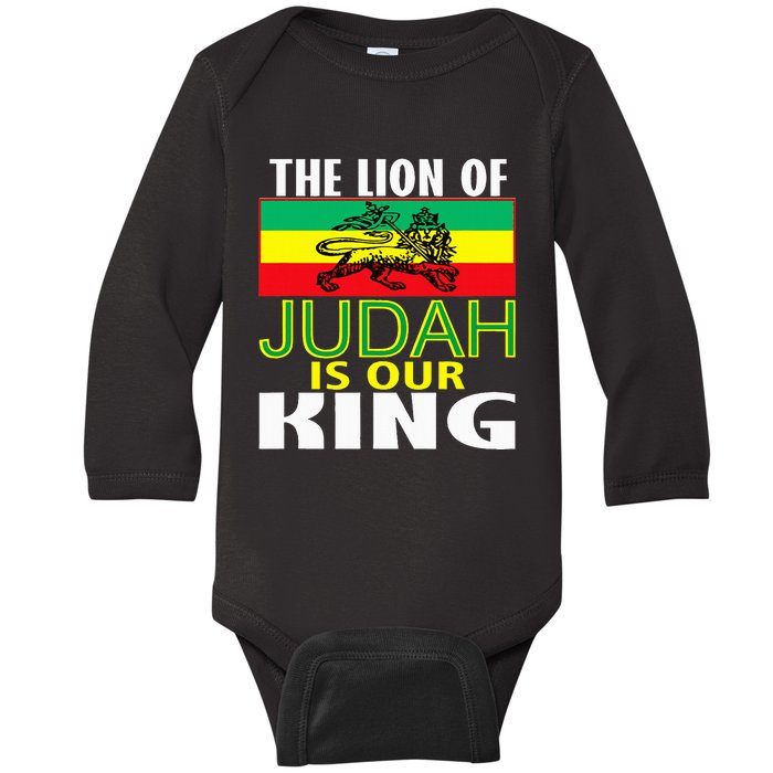 The Lion Of Judah Is Our King Jamaican Jamaican Flag Baby Long Sleeve Bodysuit