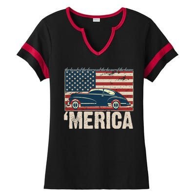 The Land Of The Free Home Of The Brave Classic American Car Ladies Halftime Notch Neck Tee