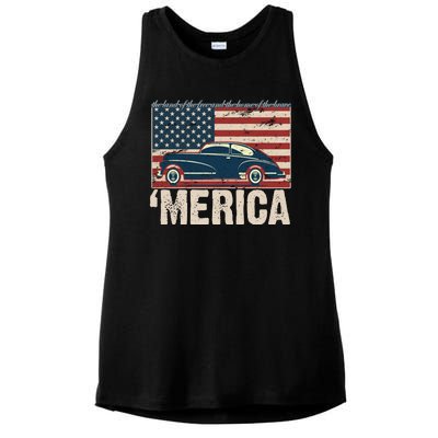 The Land Of The Free Home Of The Brave Classic American Car Ladies PosiCharge Tri-Blend Wicking Tank