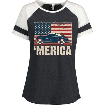 The Land Of The Free Home Of The Brave Classic American Car Enza Ladies Jersey Colorblock Tee