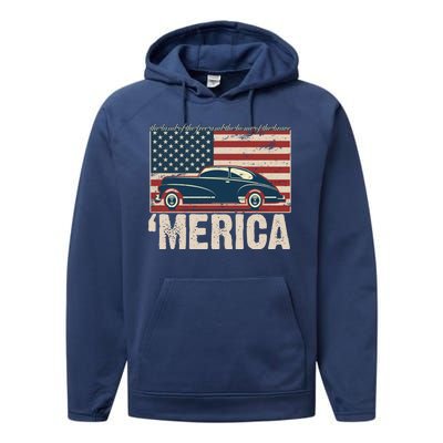 The Land Of The Free Home Of The Brave Classic American Car Performance Fleece Hoodie