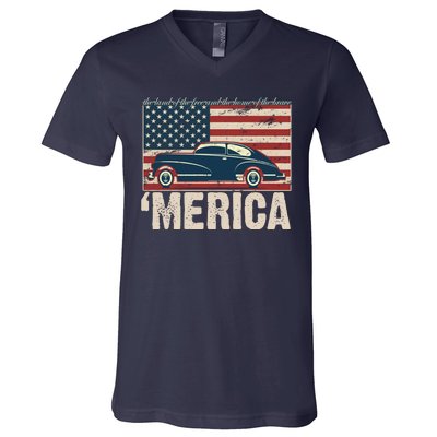 The Land Of The Free Home Of The Brave Classic American Car V-Neck T-Shirt