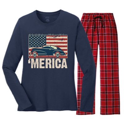 The Land Of The Free Home Of The Brave Classic American Car Women's Long Sleeve Flannel Pajama Set 