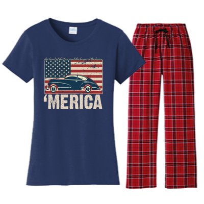 The Land Of The Free Home Of The Brave Classic American Car Women's Flannel Pajama Set