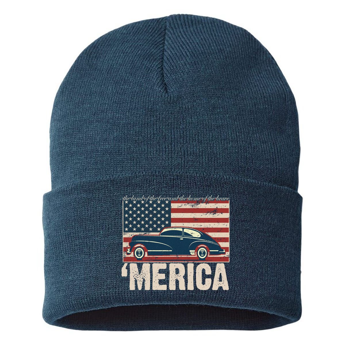The Land Of The Free Home Of The Brave Classic American Car Sustainable Knit Beanie
