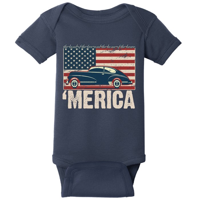 The Land Of The Free Home Of The Brave Classic American Car Baby Bodysuit
