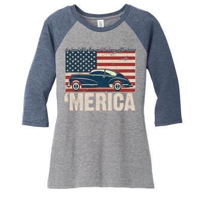 The Land Of The Free Home Of The Brave Classic American Car Women's Tri-Blend 3/4-Sleeve Raglan Shirt