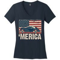 The Land Of The Free Home Of The Brave Classic American Car Women's V-Neck T-Shirt