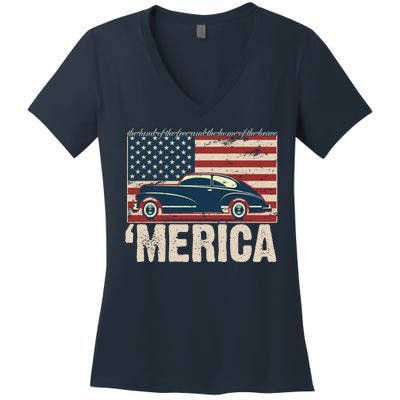 The Land Of The Free Home Of The Brave Classic American Car Women's V-Neck T-Shirt