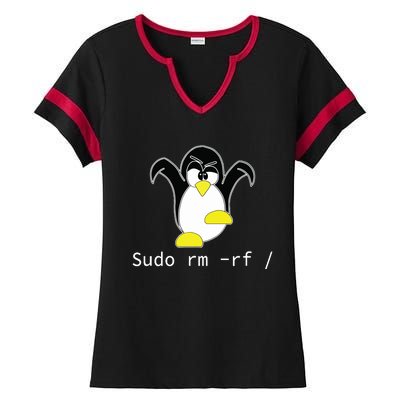 Tux Linux Penguin Sudo Rm Rf Programmer Developer Hacker Ladies Halftime Notch Neck Tee