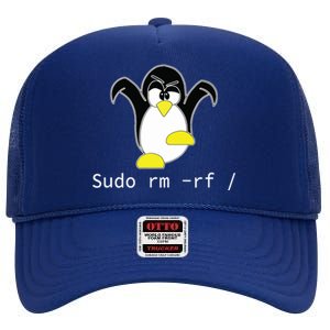 Tux Linux Penguin Sudo Rm Rf Programmer Developer Hacker High Crown Mesh Back Trucker Hat