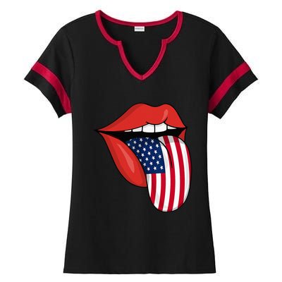 Tongue Lips Patriotic American Flag 4th Of July Ladies Halftime Notch Neck Tee