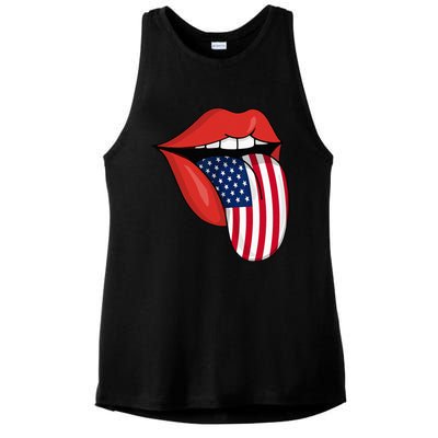 Tongue Lips Patriotic American Flag 4th Of July Ladies PosiCharge Tri-Blend Wicking Tank