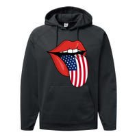 Tongue Lips Patriotic American Flag 4th Of July Performance Fleece Hoodie