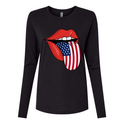 Tongue Lips Patriotic American Flag 4th Of July Womens Cotton Relaxed Long Sleeve T-Shirt