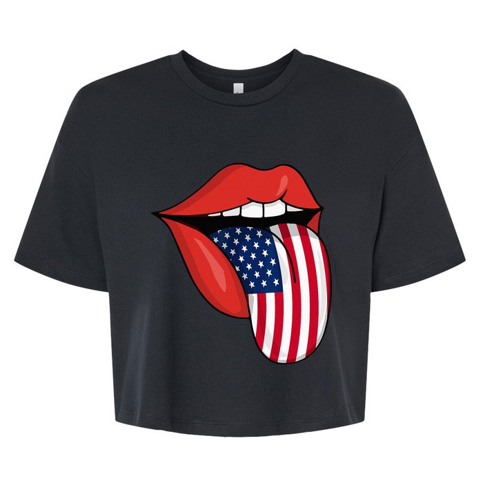 Tongue Lips Patriotic American Flag 4th Of July Bella+Canvas Jersey Crop Tee