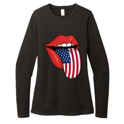 Tongue Lips Patriotic American Flag 4th Of July Womens CVC Long Sleeve Shirt