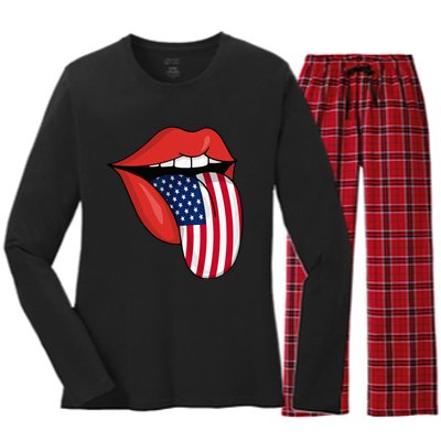 Tongue Lips Patriotic American Flag 4th Of July Women's Long Sleeve Flannel Pajama Set 