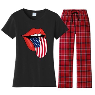 Tongue Lips Patriotic American Flag 4th Of July Women's Flannel Pajama Set