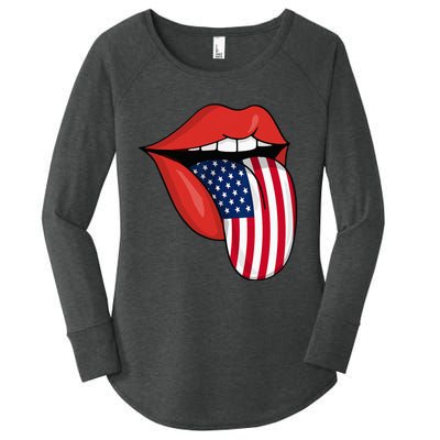 Tongue Lips Patriotic American Flag 4th Of July Women's Perfect Tri Tunic Long Sleeve Shirt