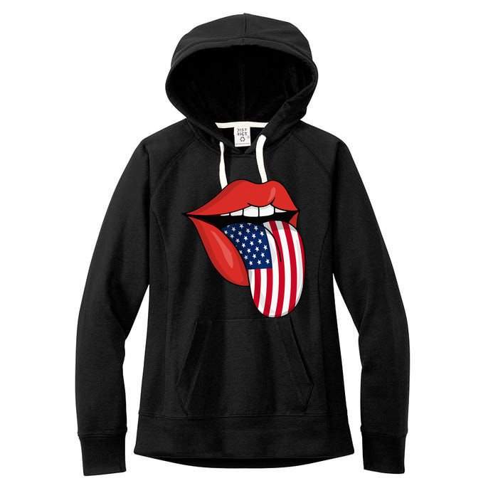 Tongue Lips Patriotic American Flag 4th Of July Women's Fleece Hoodie