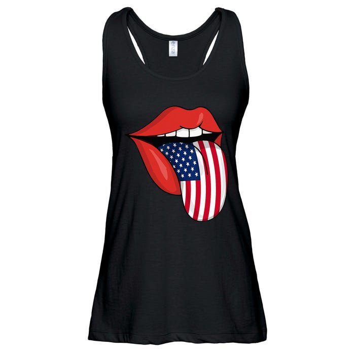 Tongue Lips Patriotic American Flag 4th Of July Ladies Essential Flowy Tank