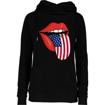 Tongue Lips Patriotic American Flag 4th Of July Womens Funnel Neck Pullover Hood